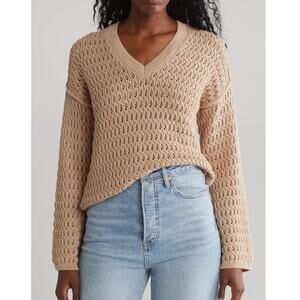 Design History Womens M Open Stitch V-Neck Sweater in Fawn NEW